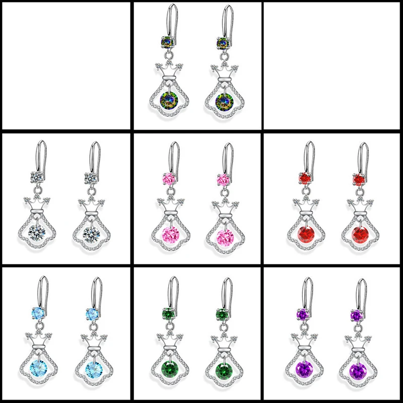 KOFSAC Fashion Shiny Multi-colour Crystal Earrings For Women 925 Sterling Silver Jewelry Cute Luck Bag FUDAI Earring