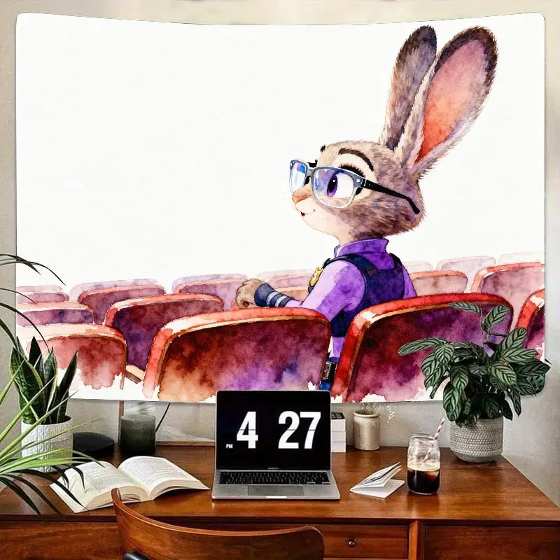 

1 шт. гобелен в стиле зоотопии Джуди Хоппс, акварельный кролик в очках, настенное искусство, кавайный эстетический декор для спальни в общежитии, подарок