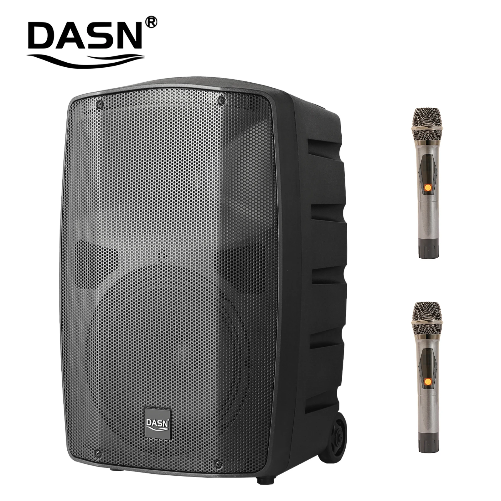 DASN DNE10DDM 10 Inch 800W DSP Professional Active Plastic Full Frequency Battery PA Speaker with Microphone Wheels and Tie Rod