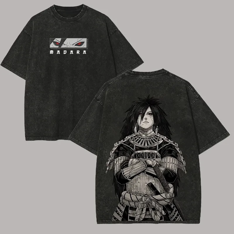 Madara Uchiha T-Shirt Naruto Herren Acid Wash Rückendruck Sharingan Anime Grafik Baumwolle Streetwear Jutsu Vintage Bootleg Tee