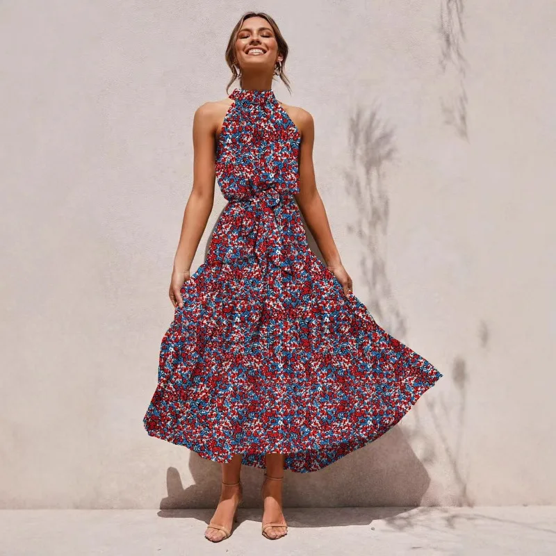 European and American Cross-border Amazon Women's Long Dress, Foreign Trade Hot New Halter-neck Polka Dot Print Drawstring Dress