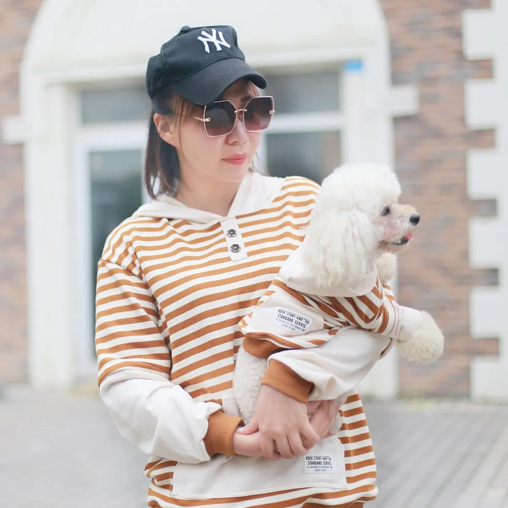 Spring Summer Pet ClothingStripe Hoodyfor Pet and Owner New Hooded and Looped Teddy Bear Puppy Dog Bipods for Pet Parent-child