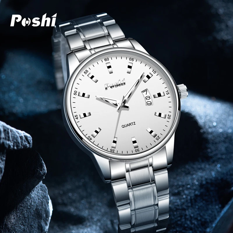 POSHI 975 Quartz Watch For Man Fashion Original Men\'s Wristwatch Simple Business Quartz Movement Clock Date Display Reloj Hombre