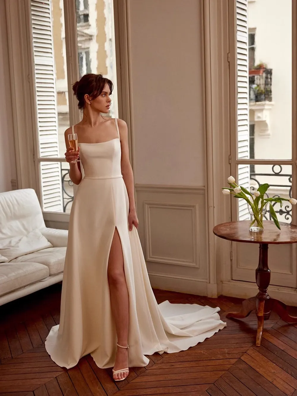 

Ele Long Sve Wedding Dr 2025 Spring Collection High Waist Satin Gown Side Slit Bridal Gown Simple Yet Sli