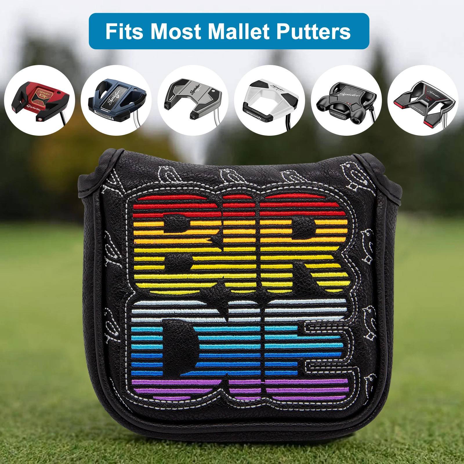 Birdie Golf Mallet Putter with Magnetic Closure, Elegant Embroidery, Premium Leather, High Quality