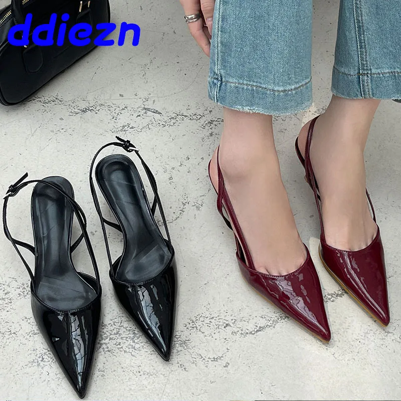 2024 New Footwear Wine Red Women Pumps Heels Shoes Female Buckle Strap Fashion Pointed Toe Ladies Medium Heels Shoes Big Size