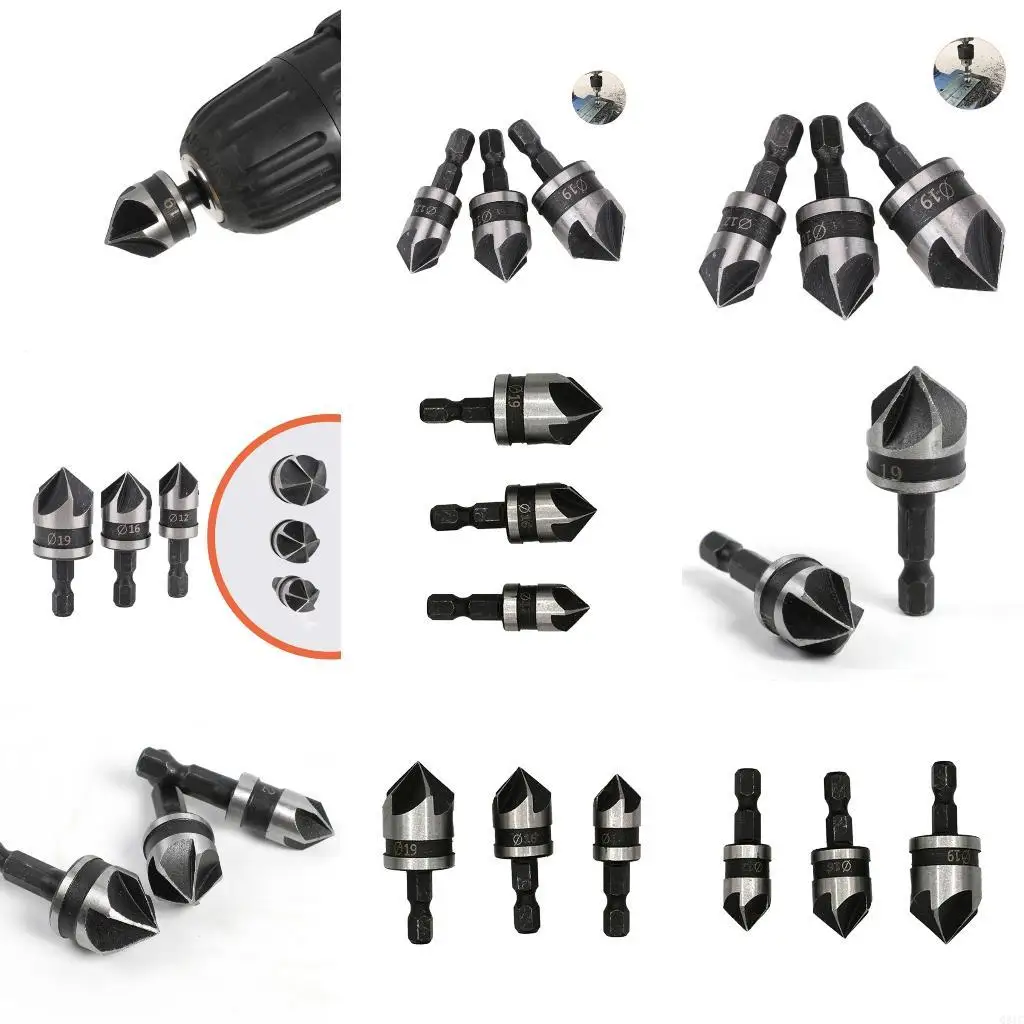 Q81C 3Piece Hexadecimal Shank Countersink Drill Bit 5Flute Chamfer Tool For Wood Drilling 12mm 16mm 19mm High Carbon Steel