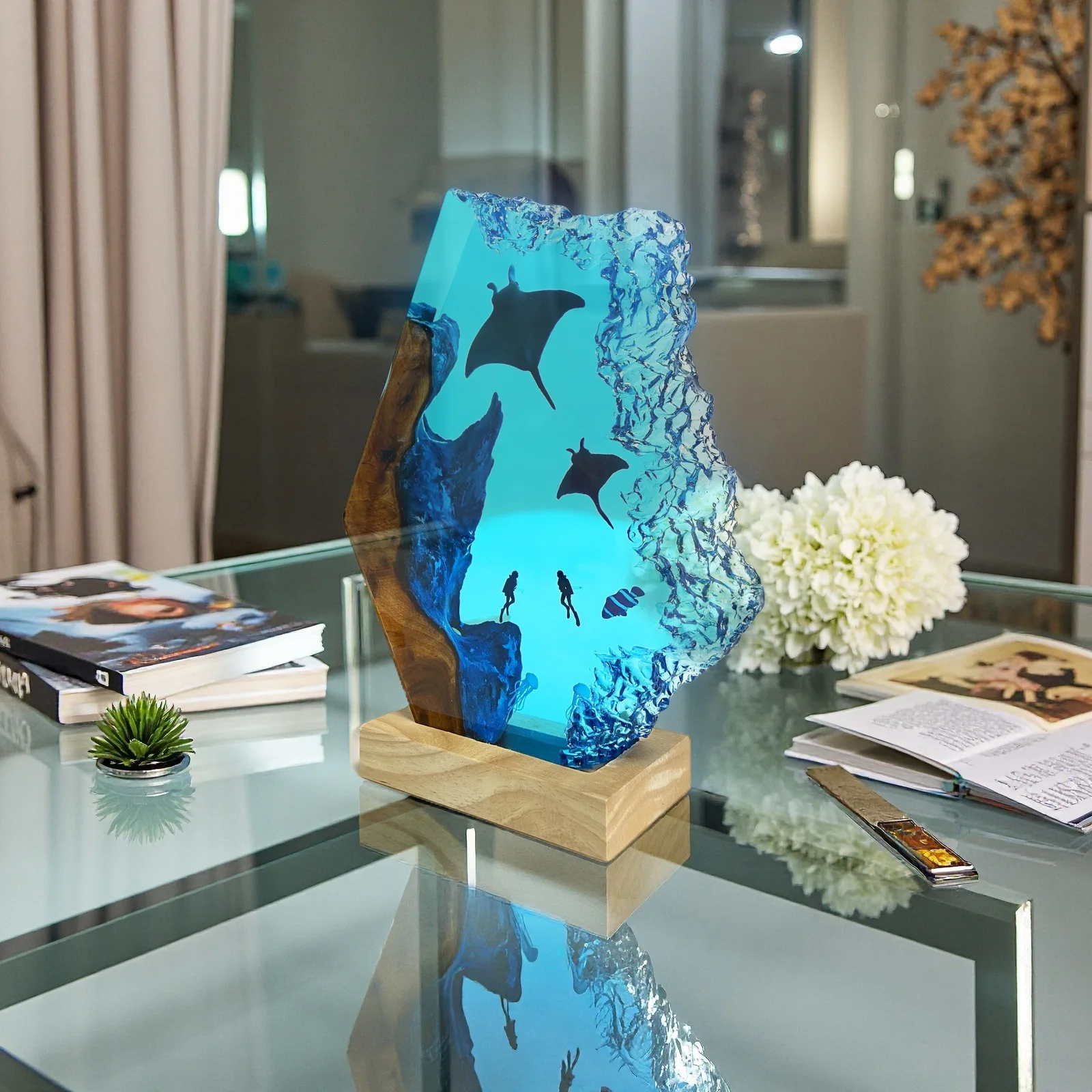 Hammerhead Shark Resin Night Light, Ocean Theme Wood Base with Jellyfish, Christmas Birthday Gift