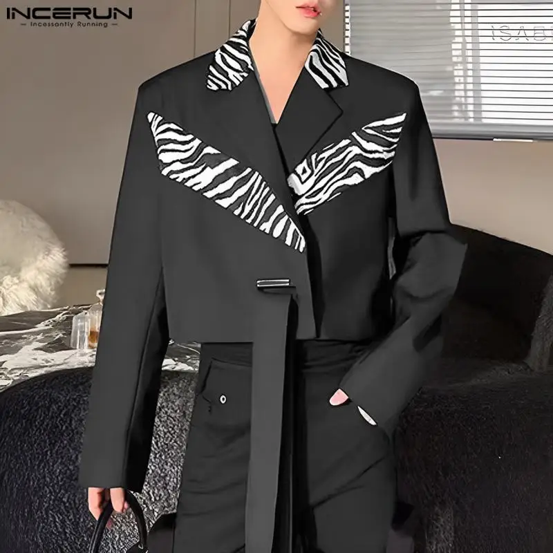 

INCERUN Tops 2023 Handsome Men's Zebra Pattern Patchwork Design Blazer Leisure Streetwear Cropped Long Sleeved Suit Coats S-5XL