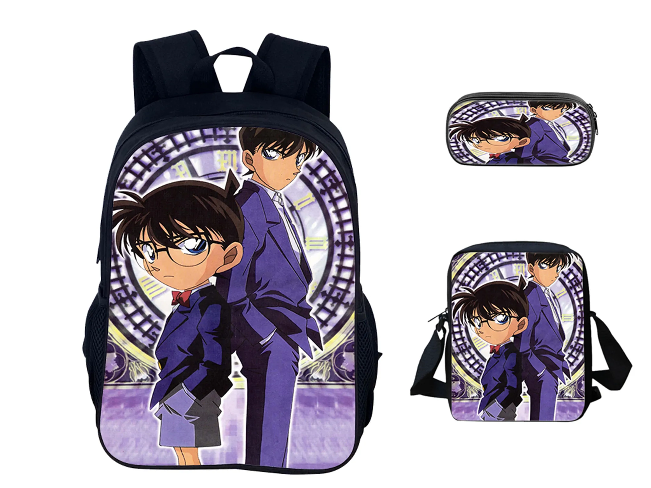

Student Daily Backpack 3Pcs Set-Casual Bookbag+Side Bag+Pen Case,Detective Conan Classic Big School Bag for Kids