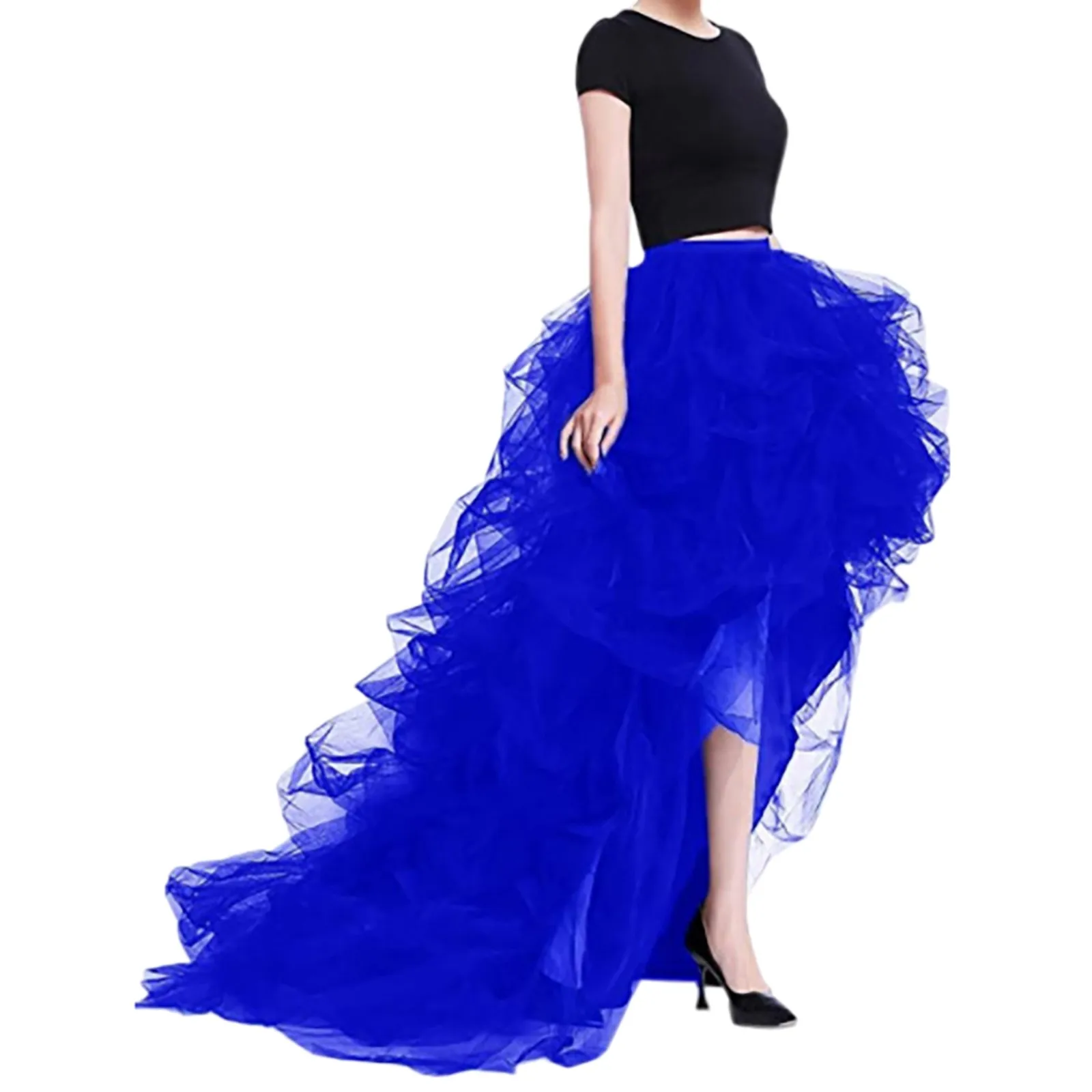 Women Tiered Tulle High Low Skirts Elastic Waist Petticoat Puffy Long Tulle Skirt Female Mesh Casual Puffy Maxi Dress Props