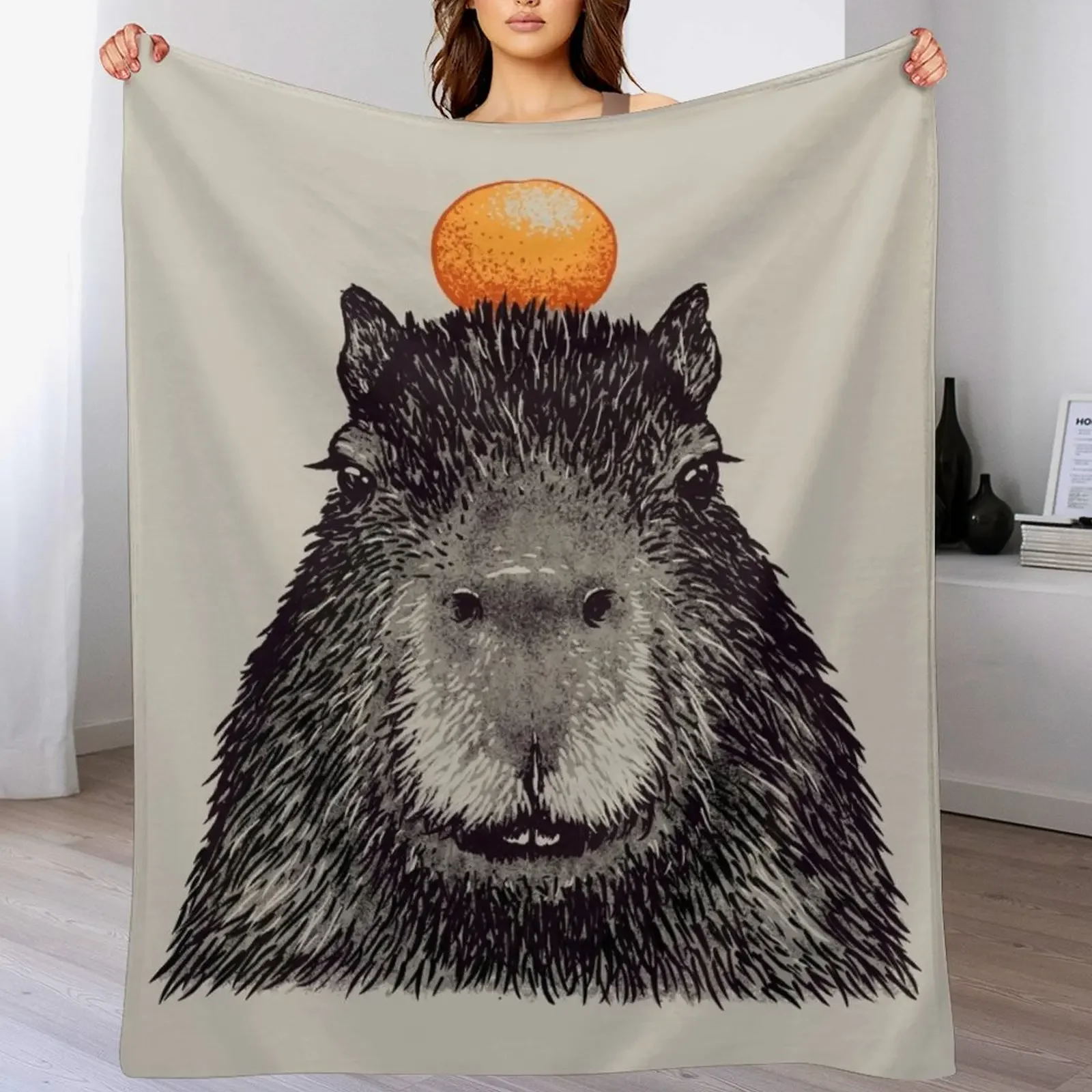 

CapybaraOrange | Capy Yuzu | Capybara with Orange on Head | His Name - Gort Portrait Throw Blanket Extra Large Throw Blankets