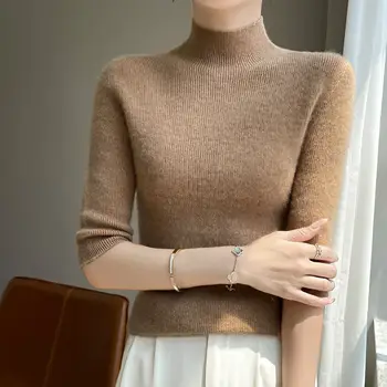 Maglione lavorato a maglia slim fit con collo alto e maniche a cinque, capospalla da donna, aderente, con base in maglia abbinata, autunno inverno, nuovo stile 6 best sales Crema superiore - №3