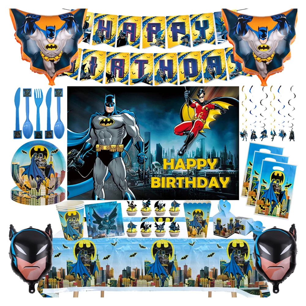 Kayou Batman Birthday Party Decoration Disposable Tableware Set Gift Box Cups and Plates Paper Tablecloth Baby Christening