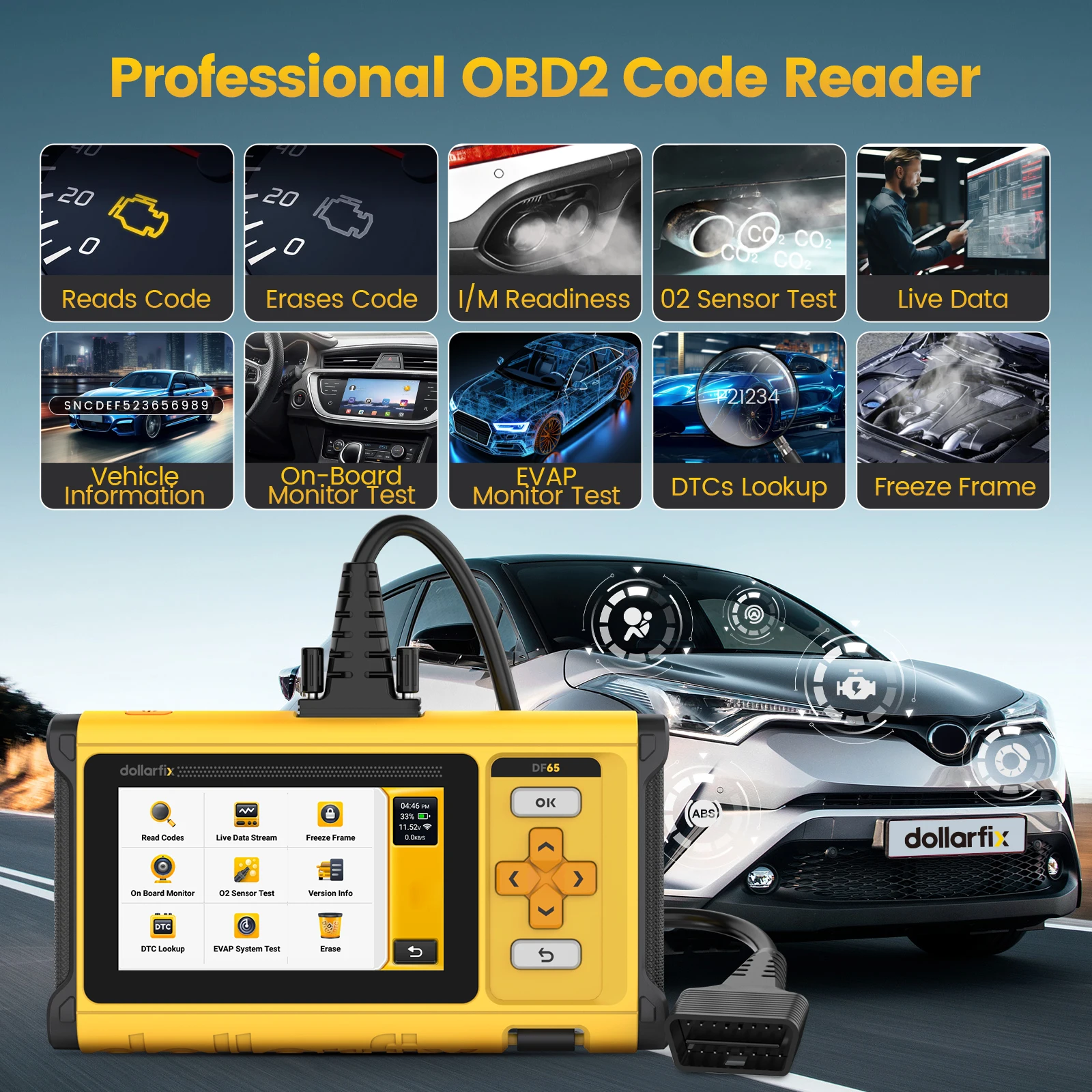 DollarFix DF65 OBD2 Auto Scanner tools ECM/TCM/ABS/SRS 4 System car Diagnosis Scan Tool 10 Reset Oil/EPB/ETS/SAS/TPMS LifeFree