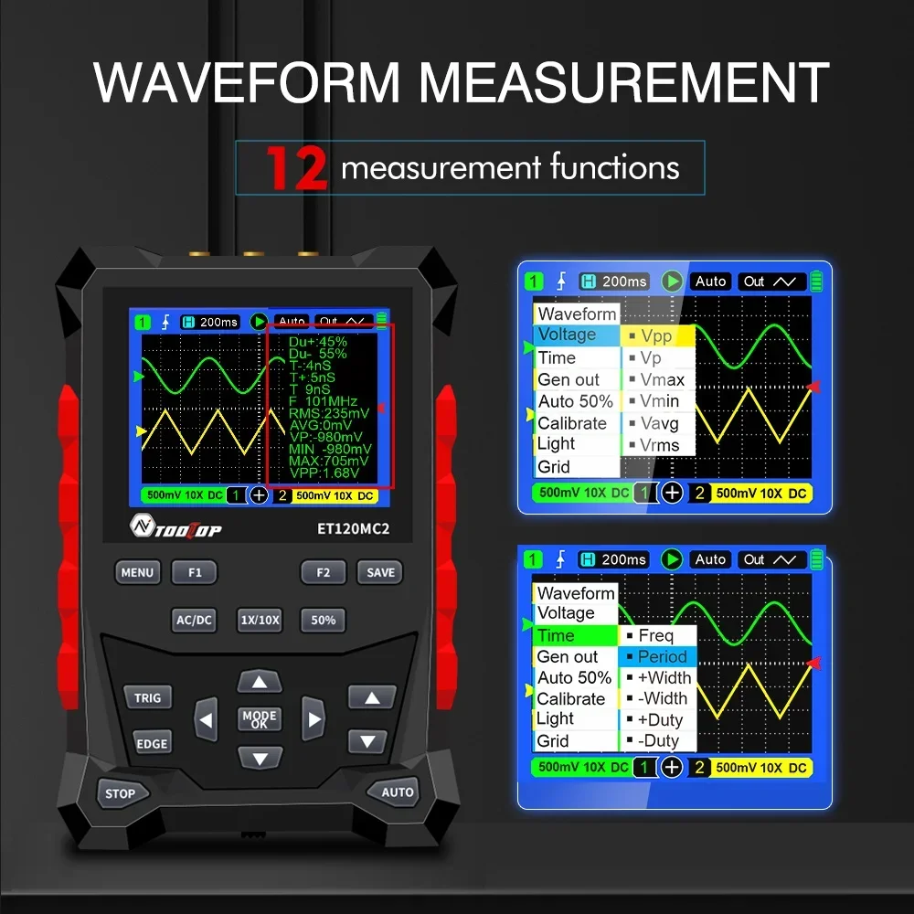 TOOLTOP 2CH Portable Oscilloscope 120MHz 500 MSpS Sine/Triangle/Square Wave Data Storage Oscilloscope Electrical Instrument Test