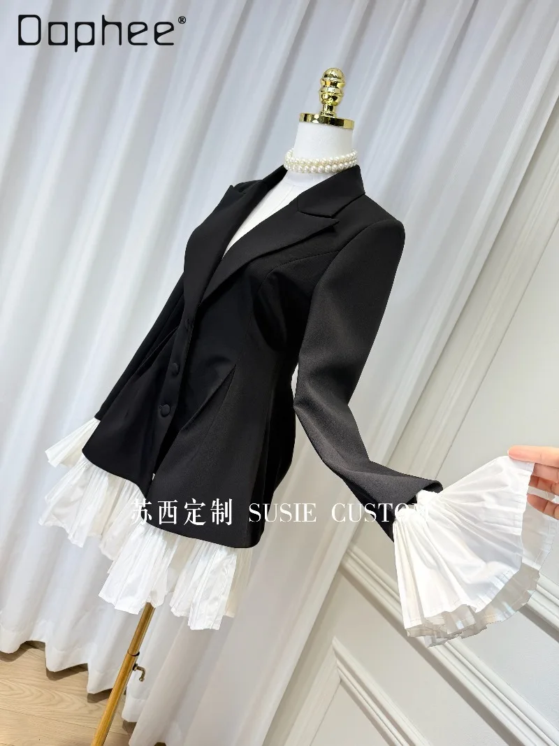 French Elegant Socialite Blazer Hepburn Style Fashion Ruffled Trim Patchwork Long Sleeve Cross Collar Slim Mid-Length Blazer