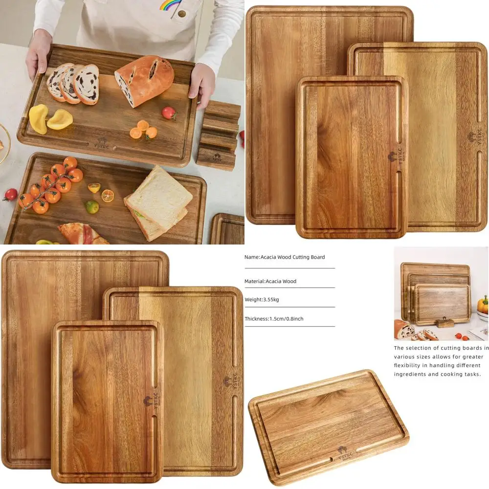 

Set of 3 Acacia Wood Cutting Boards, Thick Kitchen Chopping Boards with Deep Juice Grooves, Wooden Trays for Meat, Fruit, and Ch