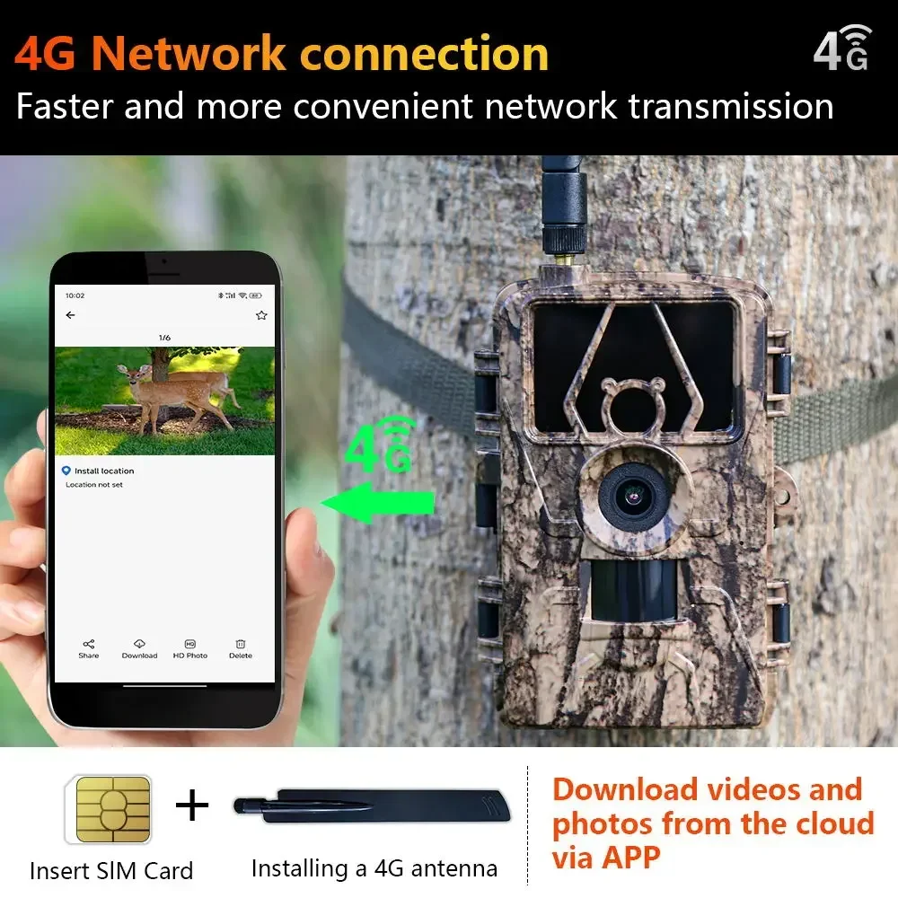 4G LIVE Trail Camera APP Control IR Night Vision Hunting Trap HD Camera 60MP 8K with SIM Card Cellular Mobile Wildlife Cam