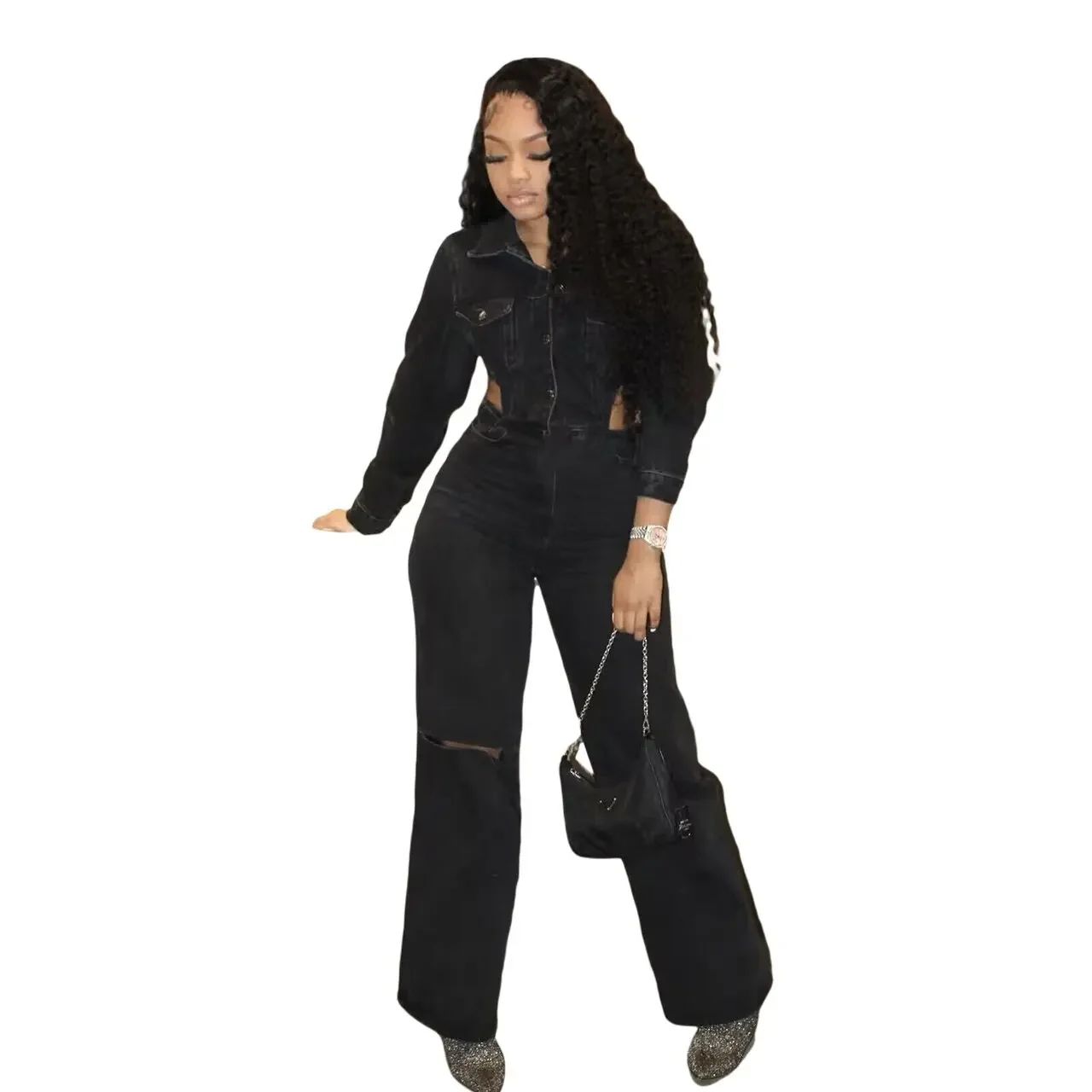 

Fashion Commuter Tight Denim Jumpsuit Women Female Lapel Half-open One-piece Pants Slim Fit Elastic Force Wide-leg Jeans Rompers