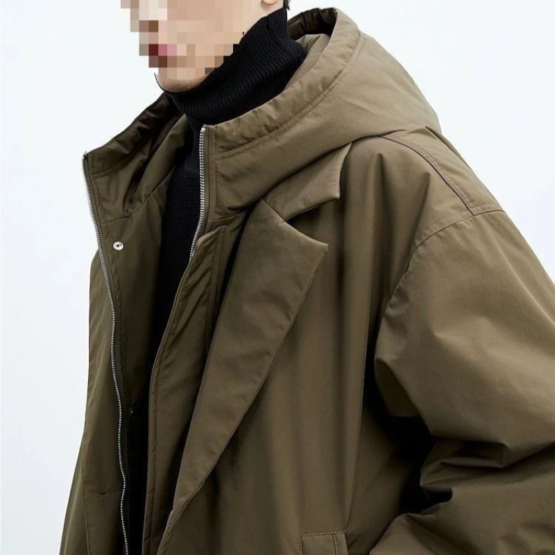 Winter New Korean Style Men Hooded Long Coat Faux Two Piece Trench Coat Parka Jacket Plus Size WarmYY177