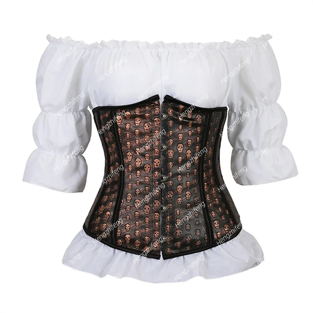 Woman Corset with Pirate Blouse Outfits Leather Corsets and Bustiers Overbust Steampunk Corselet with Skull Print Pirate Costume