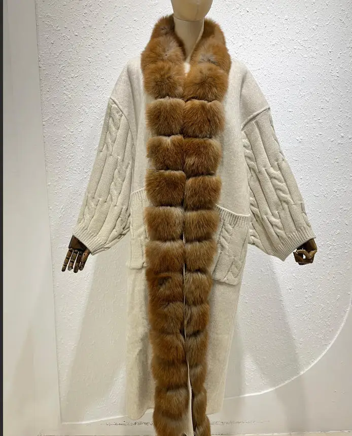 New Luxury Winter Real Natural Fox Fur Collar Woolen Blends Knit Long Overcoats Women Loose Warmth Cashmere Fur Jacket