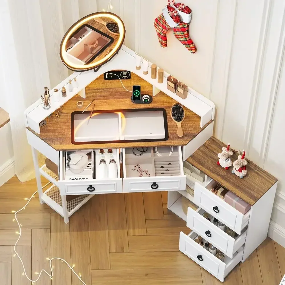 Illuminated Rotating Mirror Vanity Desk with Glass Top, 5 Drawers, Charging Station, Makeup Table for Bedroom, White
