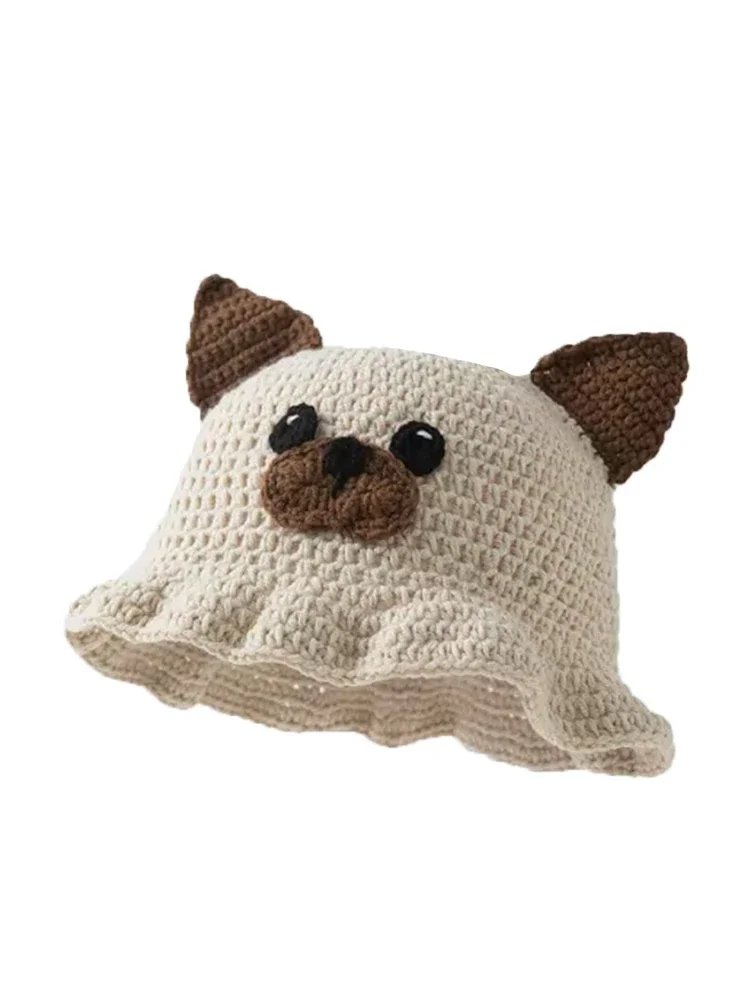 Cappello lavorato a maglia animale cartone animato neutro all'uncinetto a mano con orecchie carine Stile pescatore anca per cosplay hip-hop con volant per feste