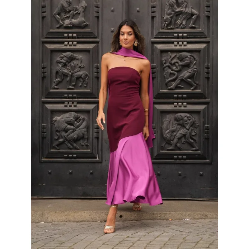 Mode Satijn Gesplitste Sjaal Kraag Skinny Lange Jurk Vrouwen Elegante Backless Mouwloze Strapless Vestido Chic Lady Avondjurken