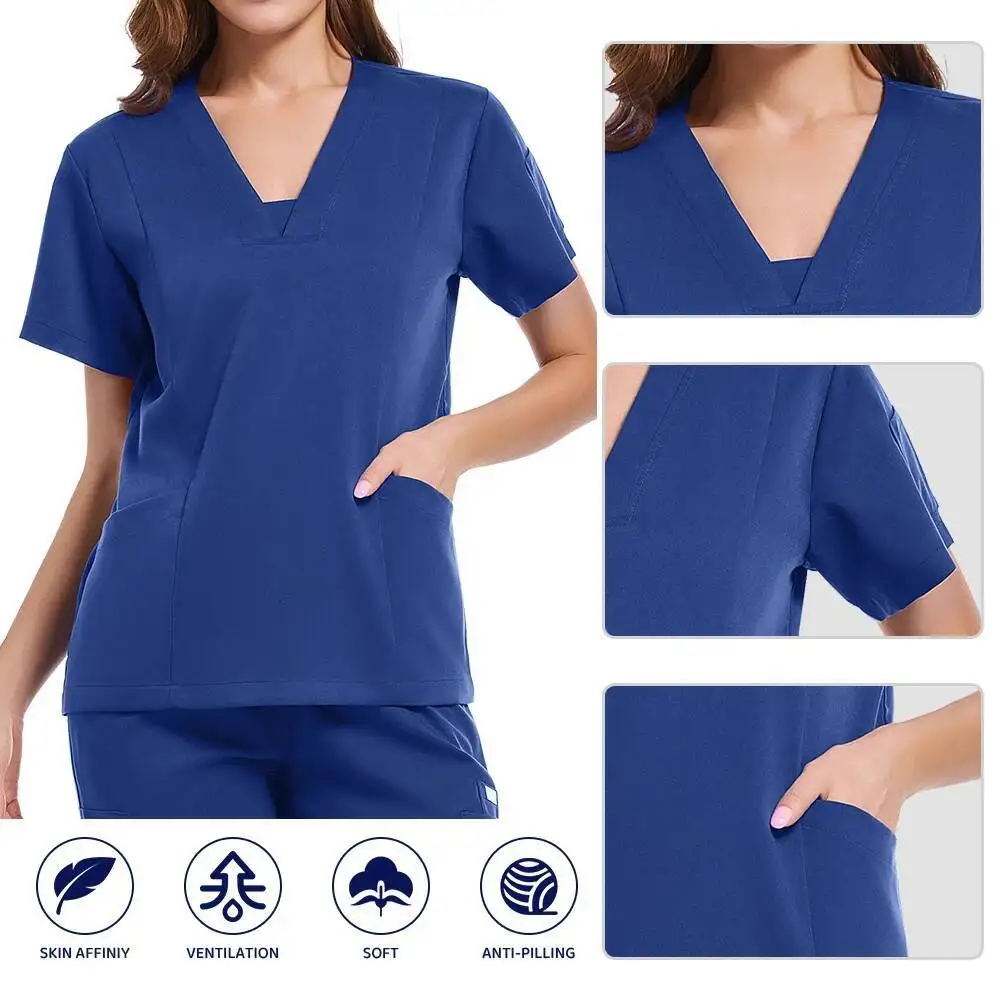 Dwuczęściowy strój medyczny z krótkim rękawem, dekoltem w serek, kieszeniami, bluzka medyczna i spodnie typu jogger ze sznurkiem, uniform dla lekarza, pielęgniarki, odzież robocza.