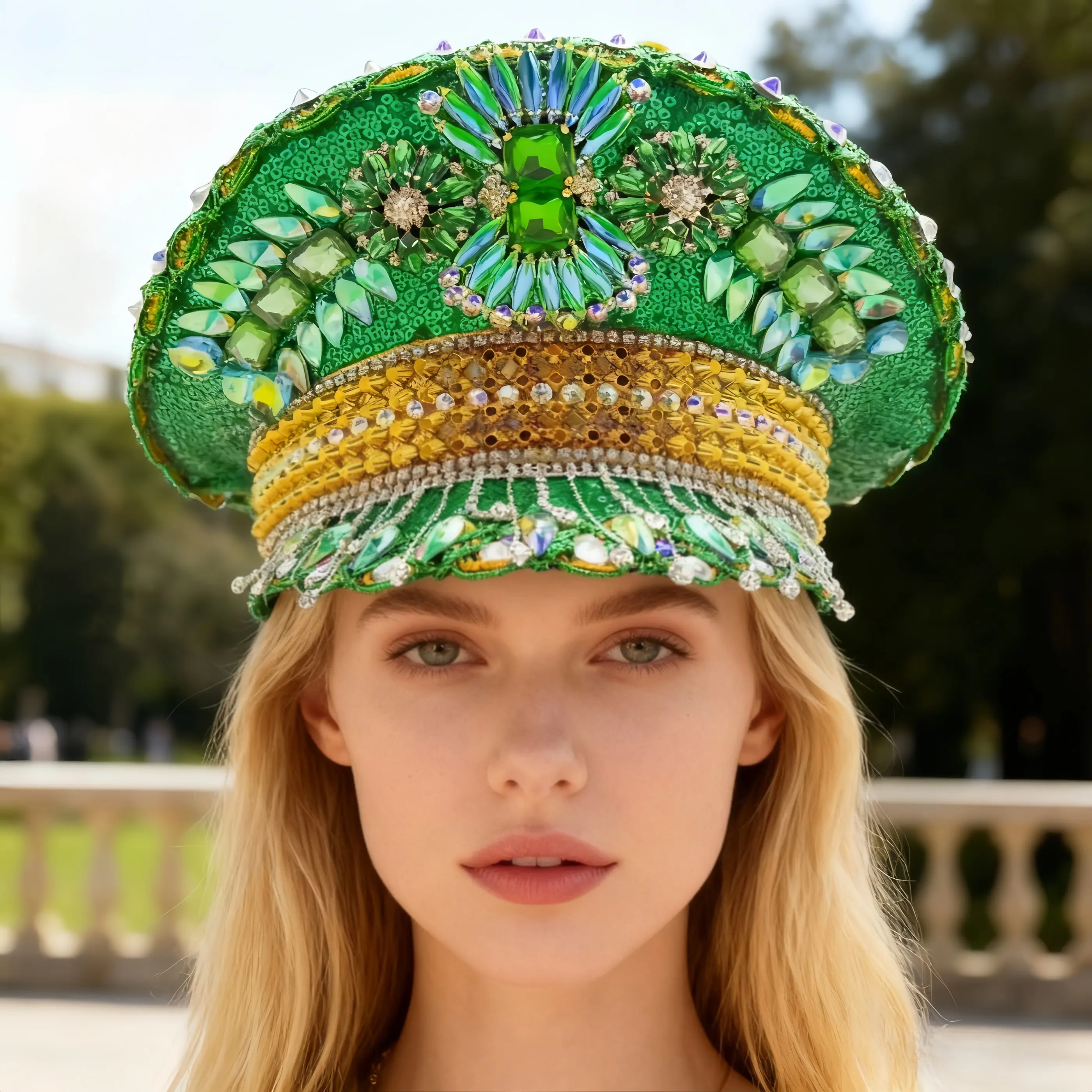 HongLuan – chapeau de capitaine à boucle en cuir jaune Laser, casquettes militaires et strass pour femmes, accessoires de Festivals Rave et casquette de fête pour hommes