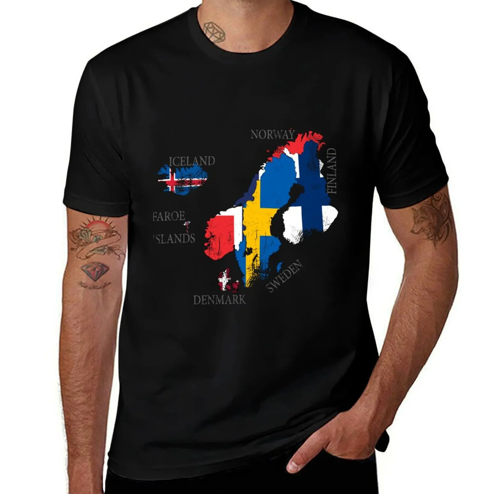 Vintage Scandinavia flag, Nordic countries maps, Northern Europe Flags T-Shirt Festival Casual Short Sleeve T-Shirt