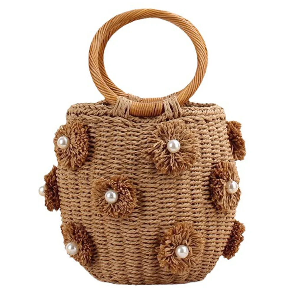 Women Handmade Woven Bag with Pearls Drawstring Wrist Purse Hand-Woven Straw Bag Summer Holiday Beach Bag