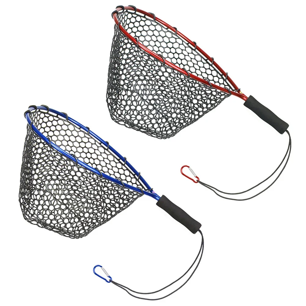 Fishing Net Soft Silicone Fish Landing Net Aluminium Alloy Pole EVA Handle with Elastic Strap and Carabiner Fishing Nets Tools