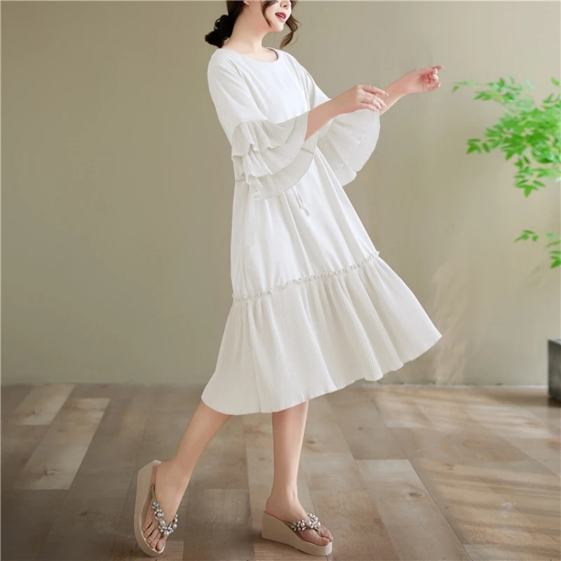 فستان قميص فضفاض للنساء بلون سادة وأكمام مضيئة على شكل حرف a مطوي تي شيرت فستان صيفي غير رسمي للحفلات الكشكشة رداء