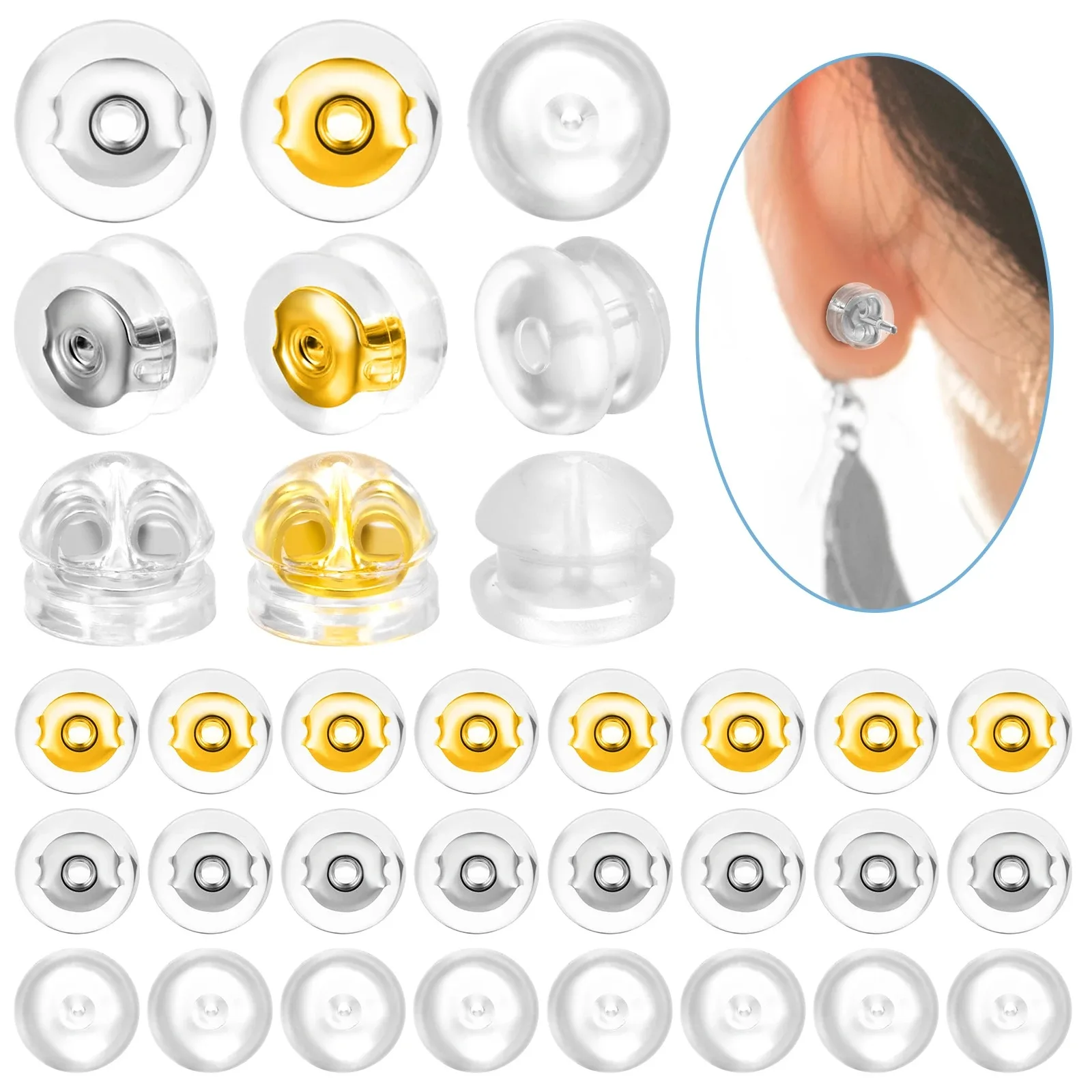 50Pcs Professional Earring Security Set - Mixed Clear/Gold/Silver Backs + Dome Stoppers w/Metal Insert | Non-Slip & Case Include