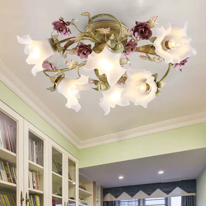 Floral LED Ceiling Lamp Colorful Deco Ceiling Light E14 Decora for Dining Room Living Room Girls Bedroom Glass Shade lighting