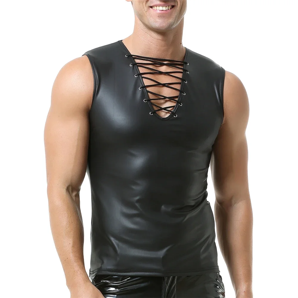 Mens Glossy PVC Leather Tank Tops Slim Sleeveless T-Shirts Sexy V-neck Nightclub Stage Male Faux Leather Vests Tops Man Clubwear