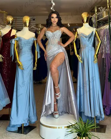OEING सिल्वर मरमेड प्रोम ड्रेस एलिगेंट स्पेगेटी स्ट्रैप हाई स्लिट इवनिंग ड्रेस फॉर्मल गाउन वेस्टिडोस डी फिएस्टा कस्टमाइज्ड 6 best sales चांदी के कपड़े - №6