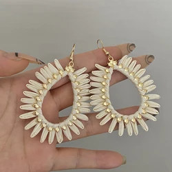 Lifefontier Bohemia Handmade Rattan Braided Raffia Long Earrings For Women Tassel Geometric Hanging Beach Drop Earring Jewelry