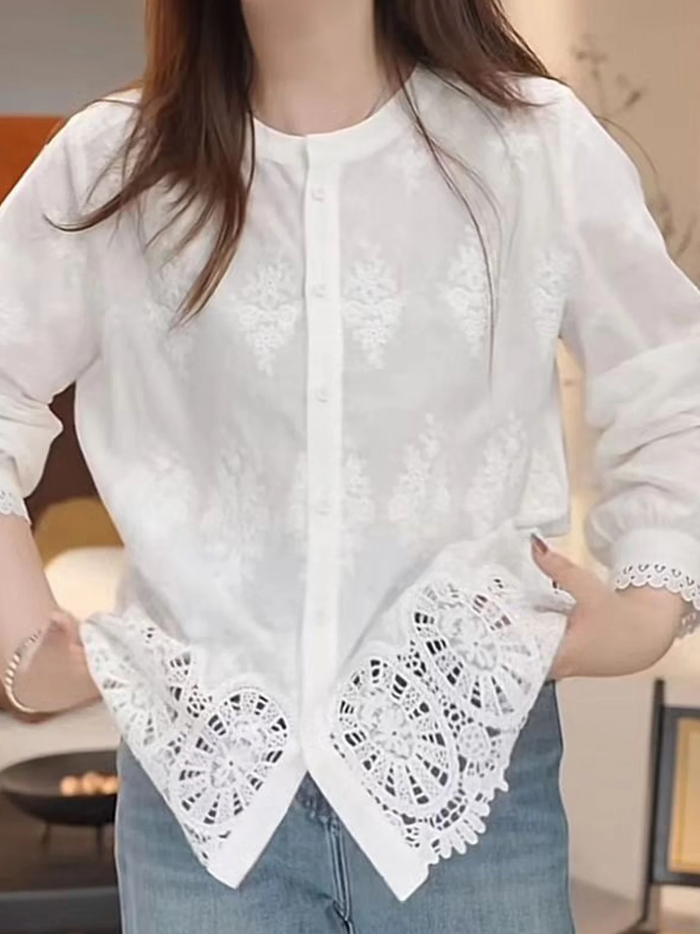 

Ele European Sle Long Sve Hollow out irt Women's Single Button Faionable Summer Top Korean Sle Straight Cut