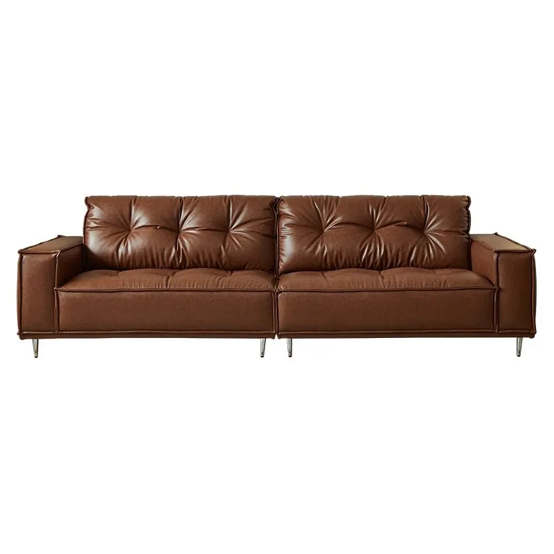 

Sofa French retro oil wax leather small unit Italian straight row antique style leather sofa