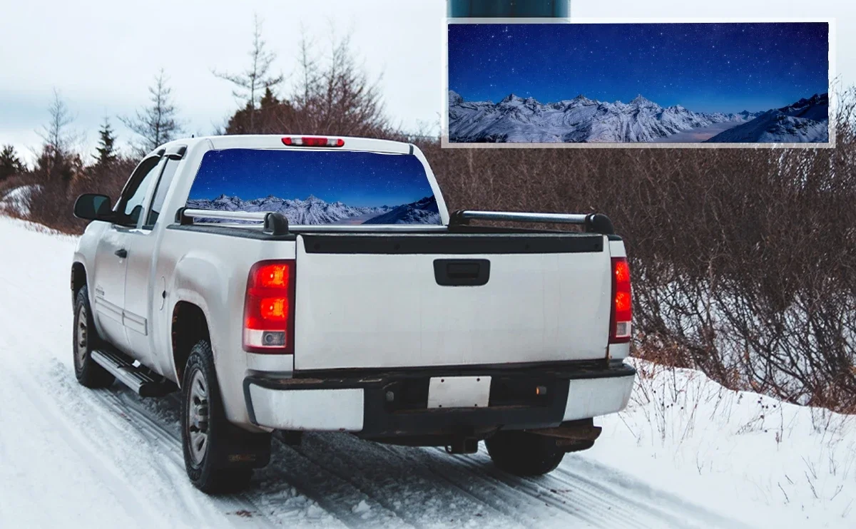 Schoonheid zonsondergang sneeuw berglandschap autoruit sticker vinyl doorschijnend display voor vrachtwagen auto wrap voertuig sticker sticker