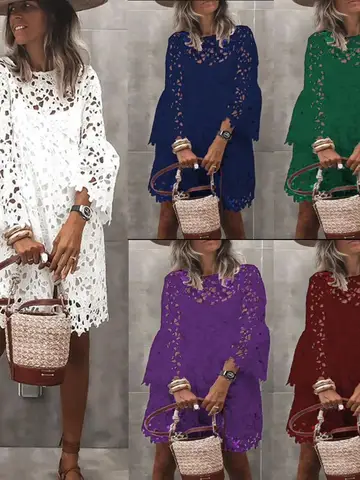 Vår Sommar Sexig Spets Mode Vit Broderad Klänning Elegant Enfärgad Strand O-ringad Boho Casual Streetwear Kvinna Fest Vestido 10 best sales vita spetsklänningar - №10