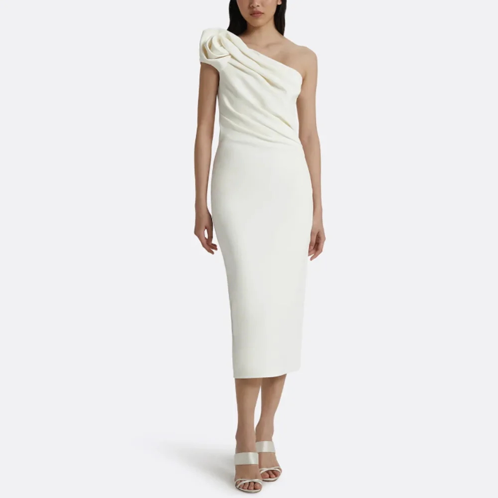 

Custom White One Shoulder Evening Dress Elegant Bodycon Midi Formal Party Gown with 3D Flower Decor for Women Wedding Guest