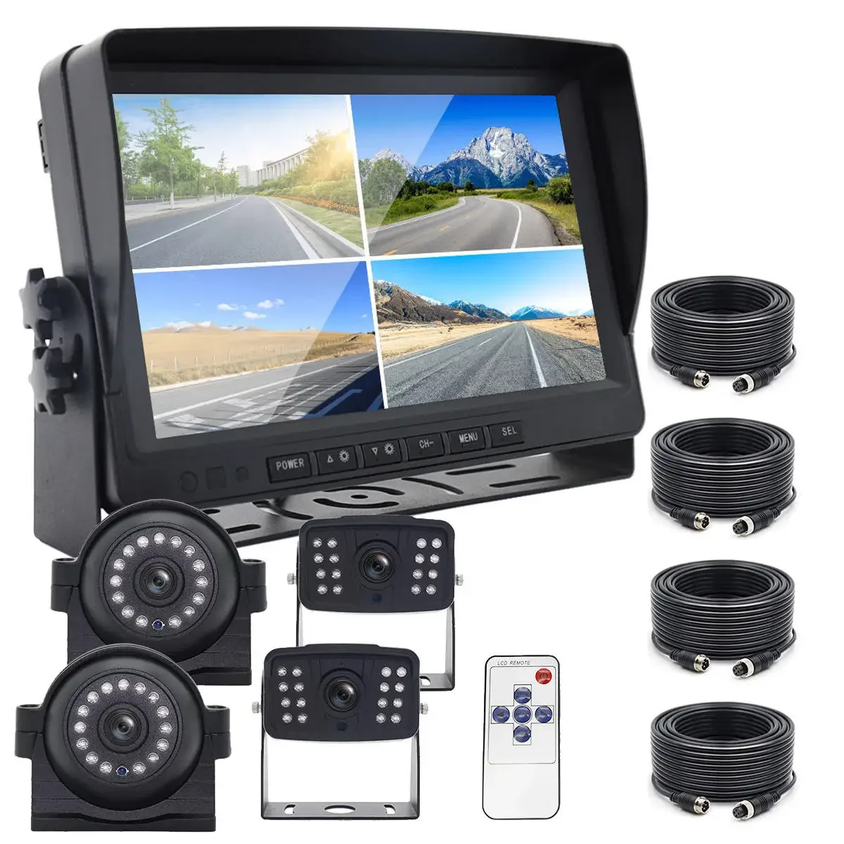9 Inch Quad Split Screen Display mo With Loop Recording Rearview cam System Kit for Truck RV Caravan Bus Trailer