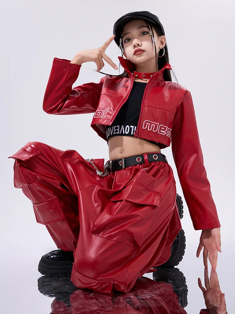 Girls Hip Hop Street Clothing Red Leather Tops Pants for Kids Streetwear Costume Jazz Dance Clothes