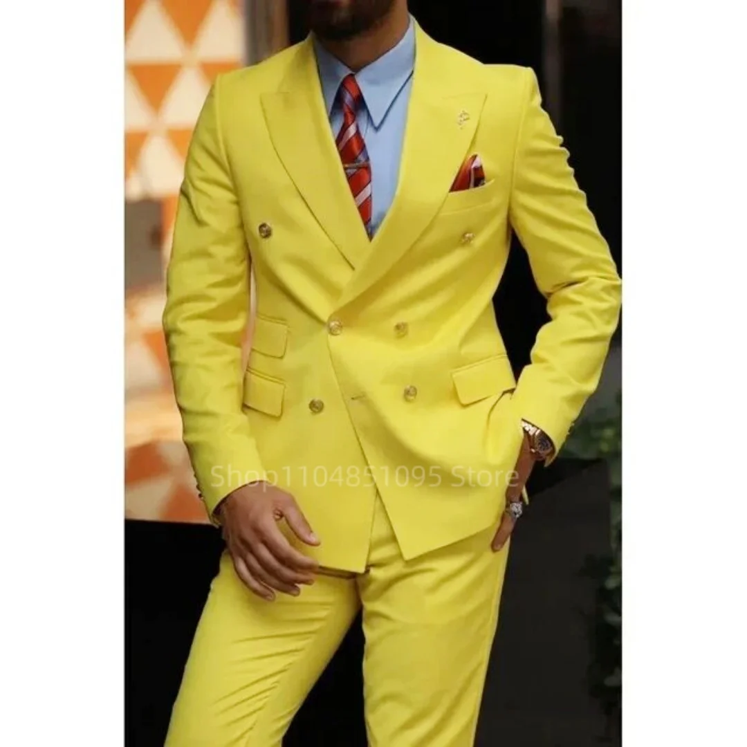 

Yellow 2 PCS Wedding Tuxedos Peak Lapel Double Breasted Blazer with Pants Casual Men Suit Groom Wear Formal Party Prom Suits