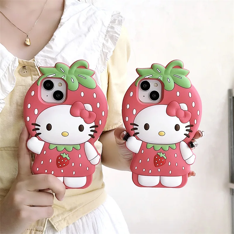 3D Cute Cartoon Strawberry Hello Kitty Phone Case For iPhone 16 15 14 Plus 13 12 Pro Max Soft Silicone Shockproof Cover Fundas